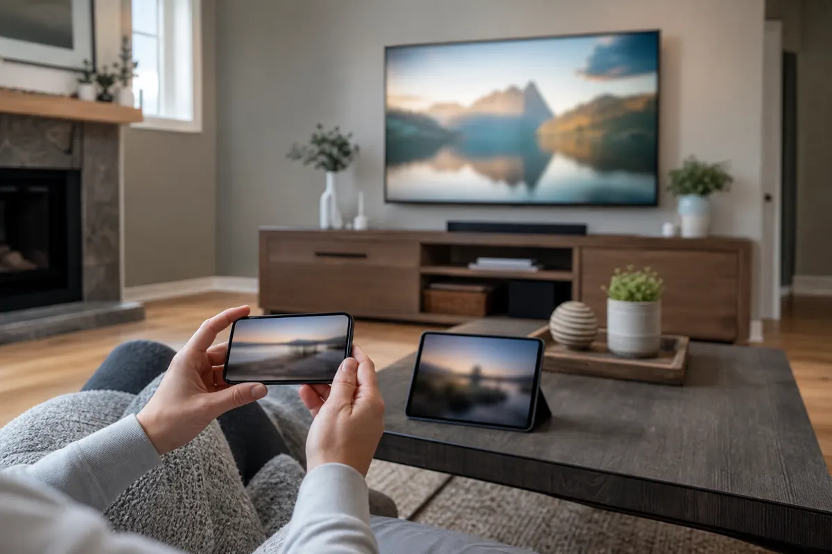 A hand holding an unbranded smartphone on a sofa, with a large wall-mounted TV and a tablet on the coffee table in a modern living room