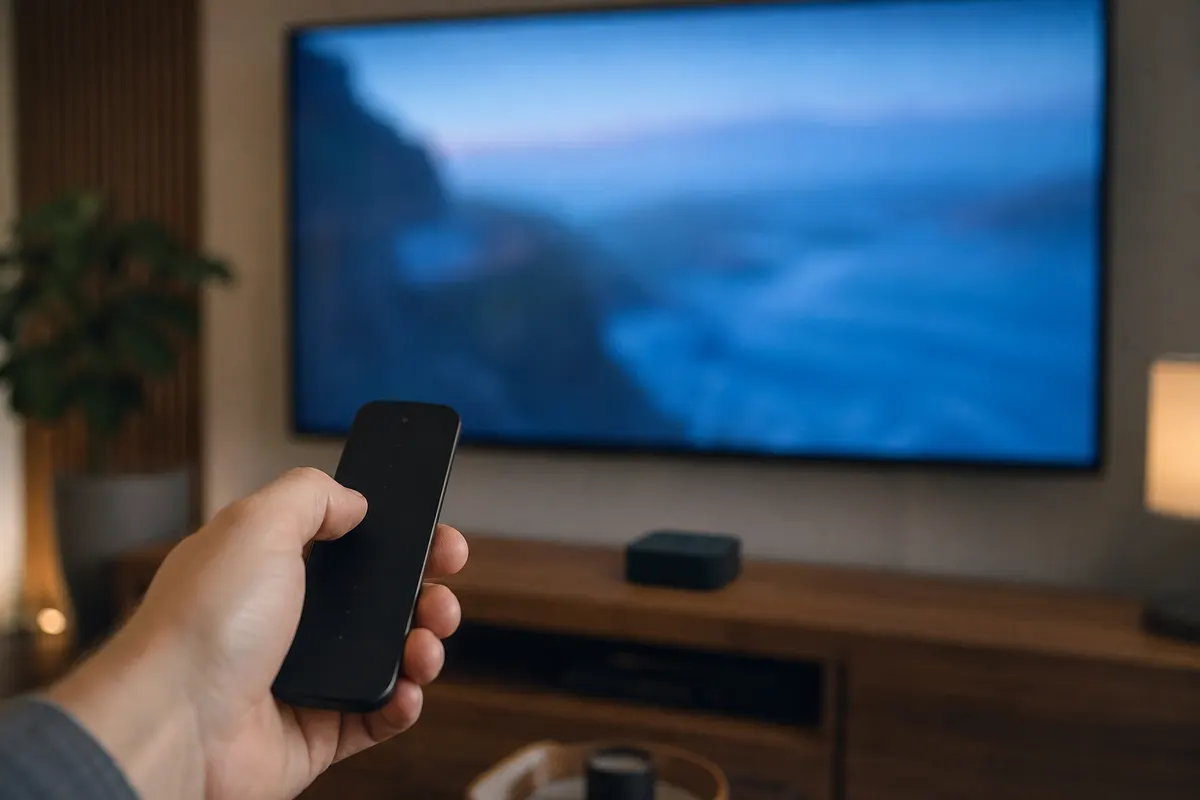 A hand pointing a slim black remote at a large TV, with a small black streaming box on the TV console below
