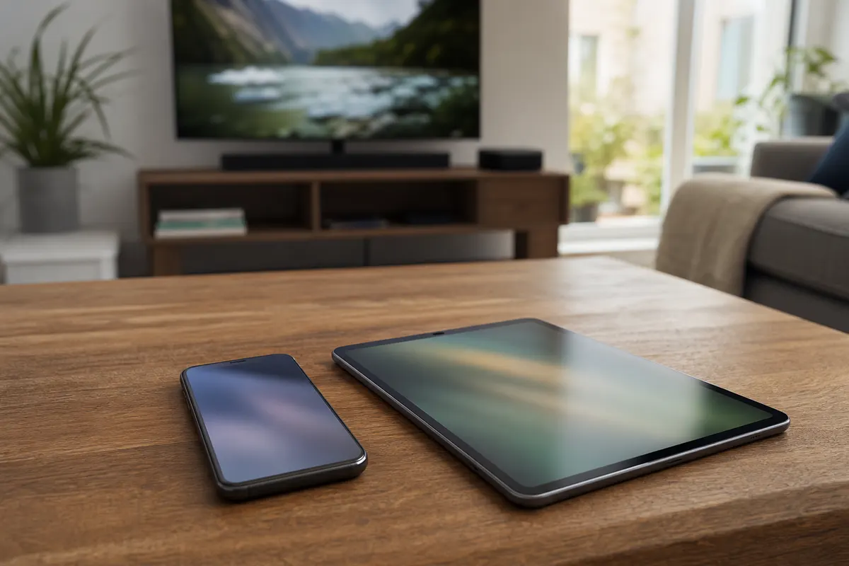 An unbranded smartphone and tablet side by side on a wooden coffee table, with a TV and a small streaming box in the background