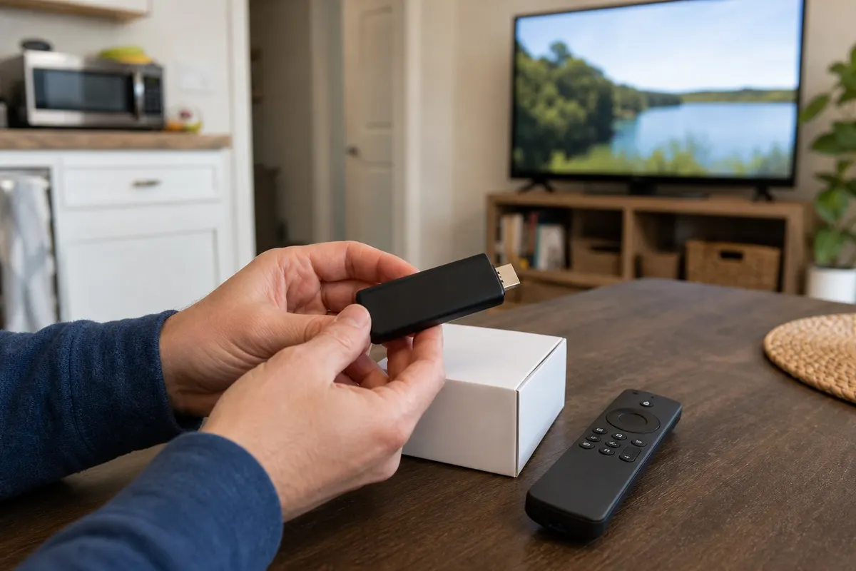 Hands holding a small black streaming stick above a plain white box on a table, with a remote beside it and a TV in the background