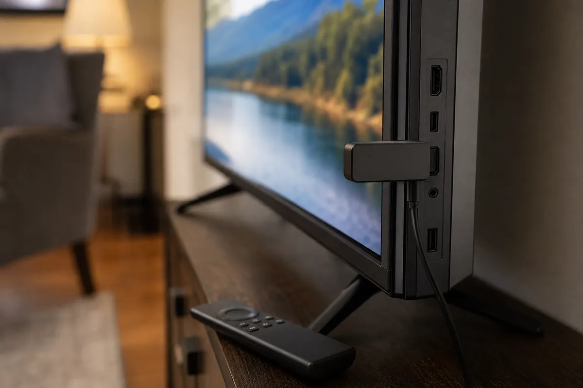 A small black streaming stick plugged into the side HDMI port of a flat TV, with a plain black remote on the TV console