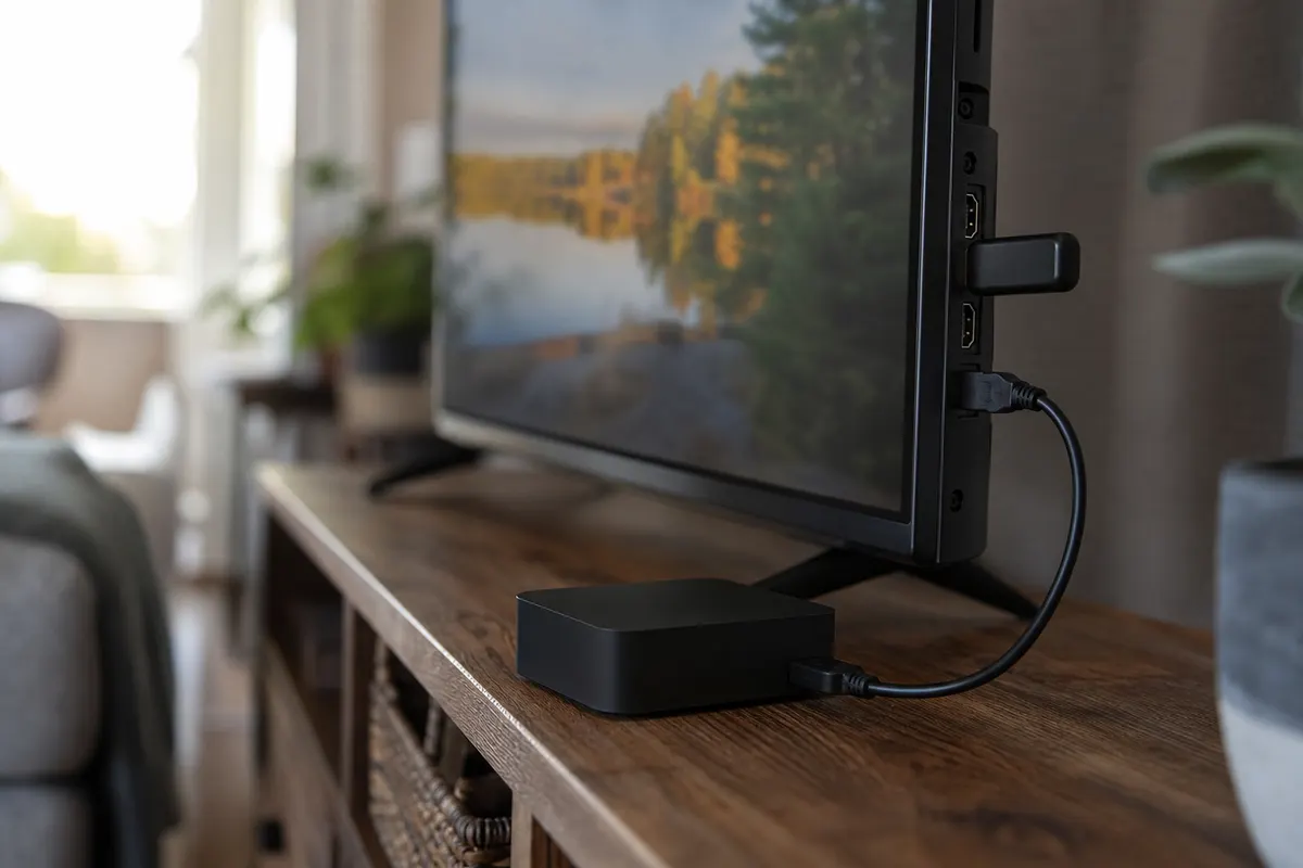 Side of a TV on a wooden console with a small black streaming stick in one HDMI port and a cable from another port to a small black box