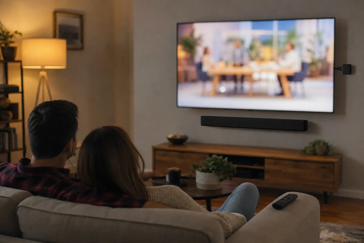 A living room seen from behind a sofa: two people watch a wall-mounted TV with a soundbar under it and a small streaming stick at its side