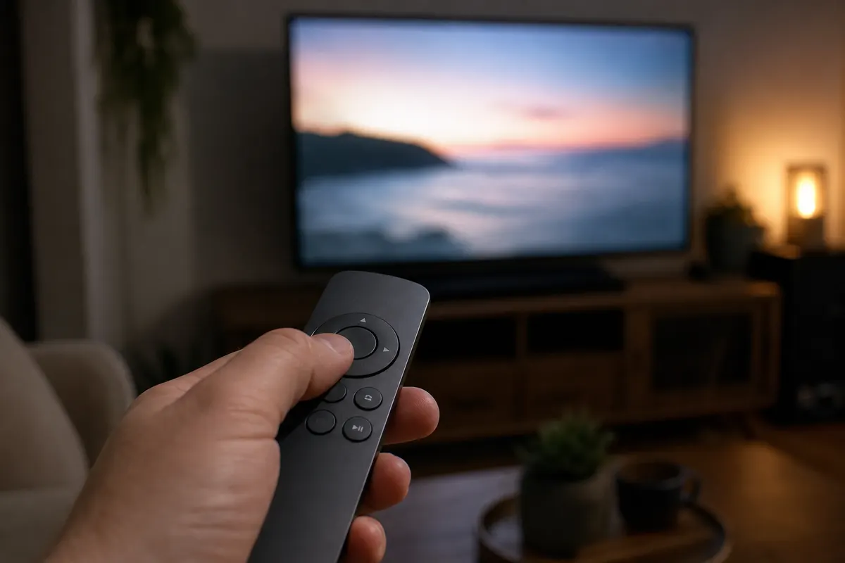 A hand holding a plain streaming remote with a thumb on the direction pad, pointed at a TV in a dim living room