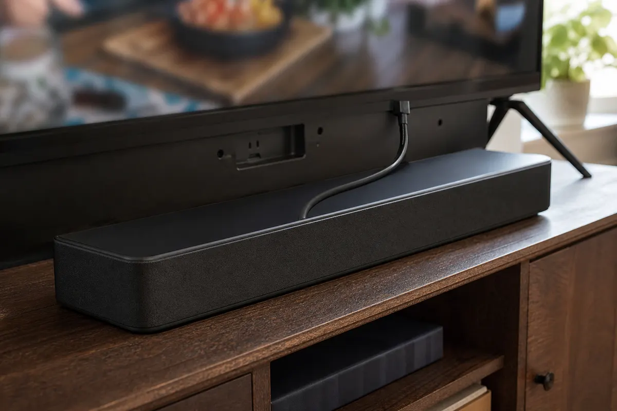 A plain black soundbar on a wooden TV stand under a flat TV, with a cable running from the soundbar up to the back of the TV