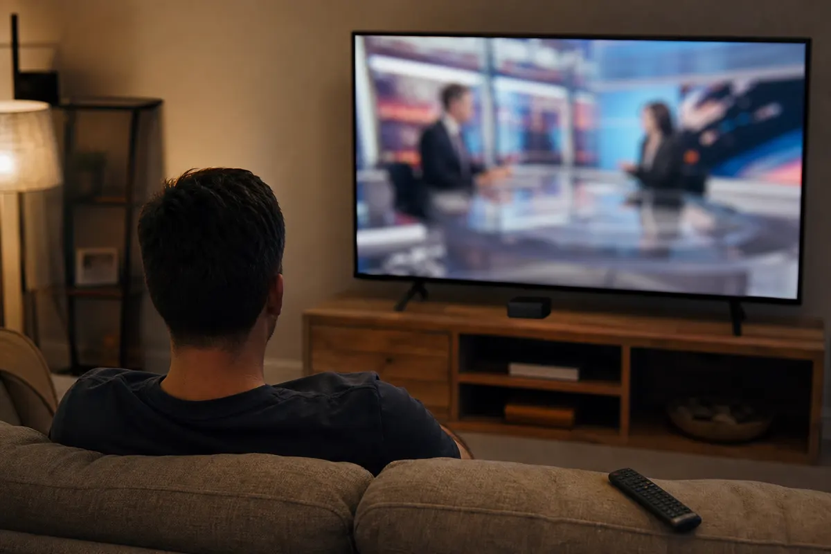 A person seen from behind on a sofa watches a news studio scene on a large TV, with a small streaming box on the stand and a remote beside them