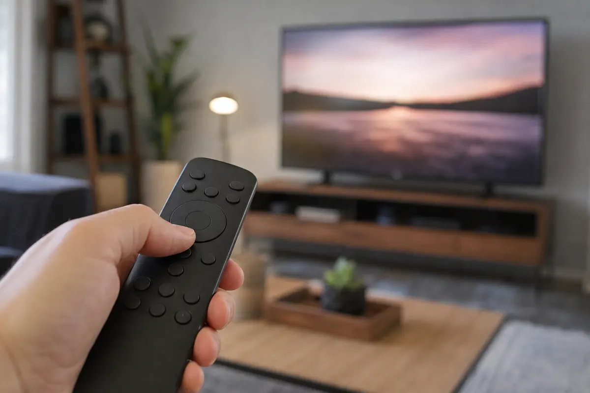 A hand holding a plain remote with unlabeled buttons, thumb on a button, with a TV out of focus across a living room