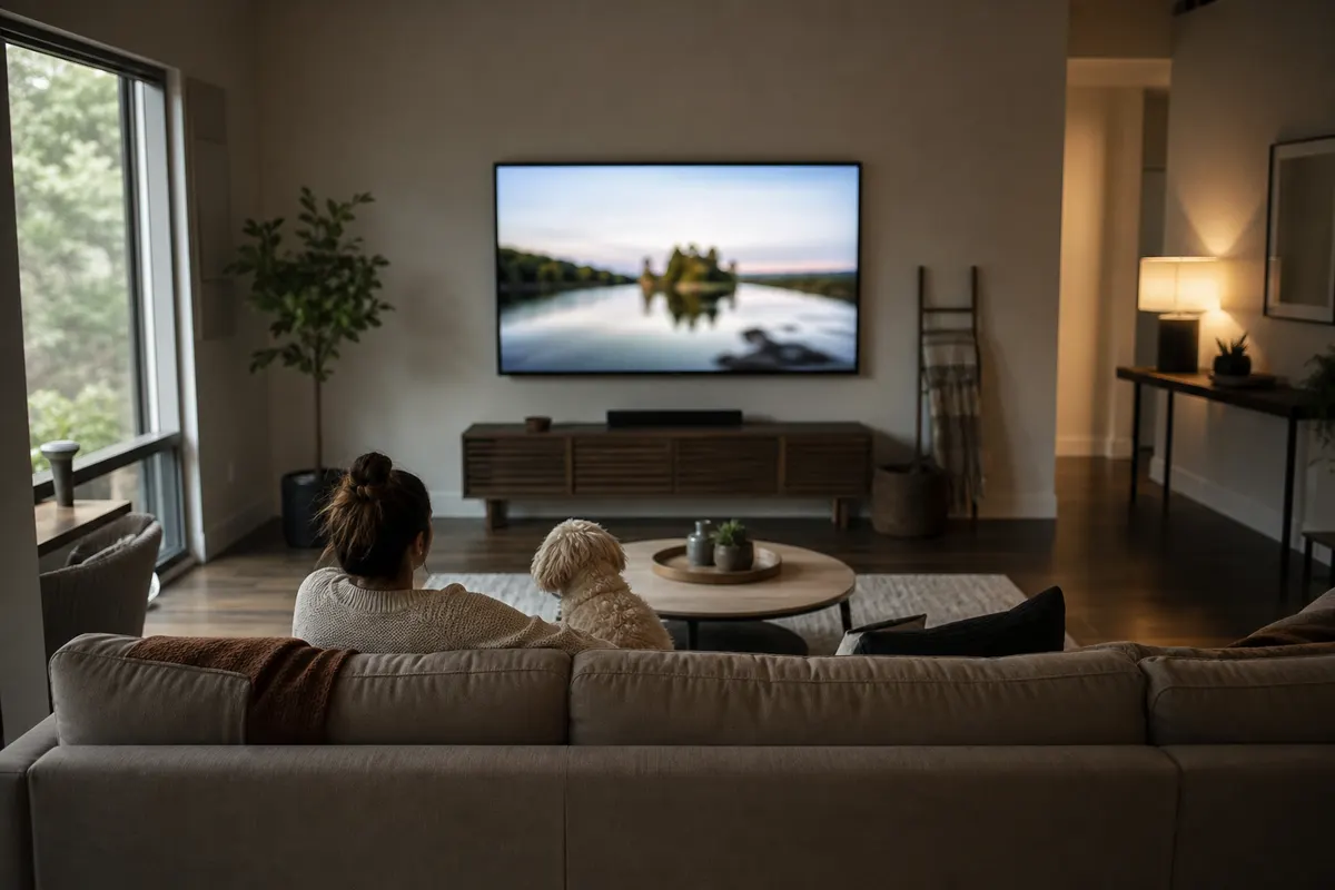 A living room seen from the back: a person and a dog on a sofa several feet from a wall-mounted TV showing a lake scene