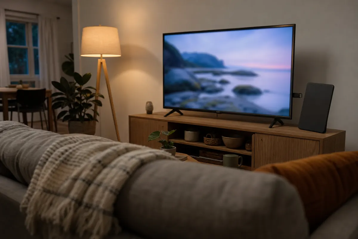 A living room TV on a wooden console with a flat indoor antenna standing beside it and a small streaming stick plugged into the side of the TV