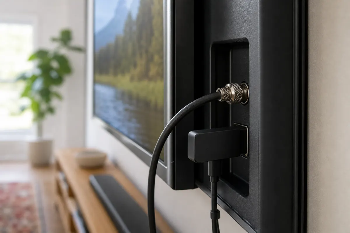 The side of a wall-mounted TV with a coaxial antenna cable in one input and a small black streaming stick in an HDMI port below it