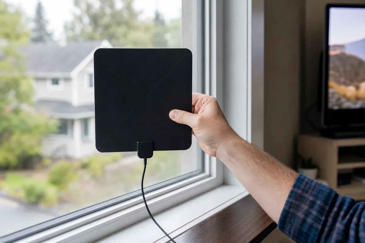 A hand holding a flat square indoor antenna against a window, its thin cable running down toward the sill