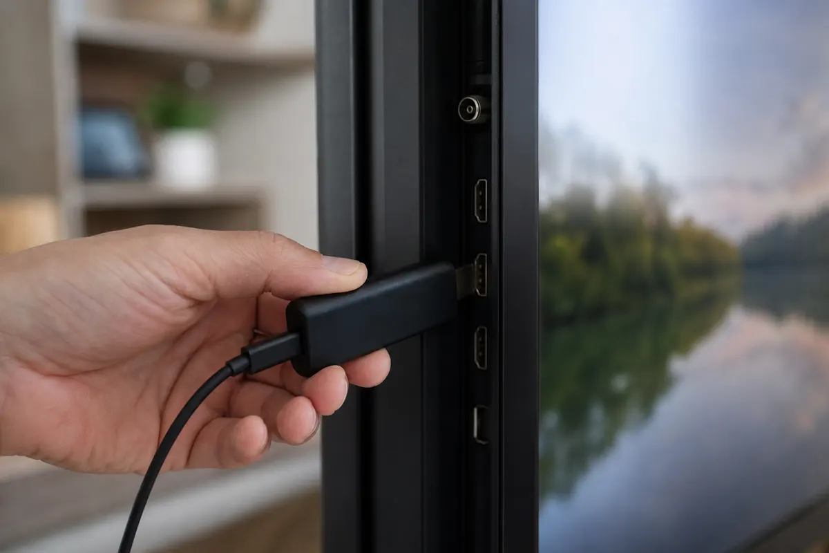 A hand plugging a small black streaming stick with a power cable into an HDMI port on the side of a flat-screen TV