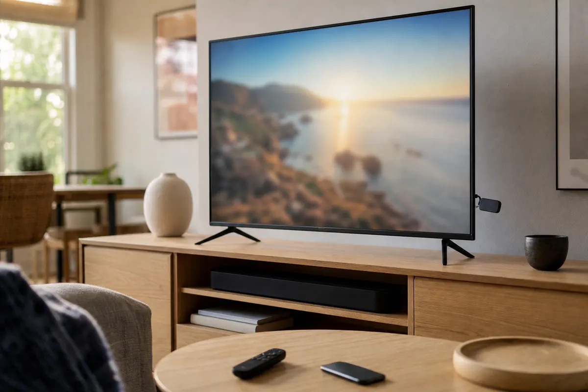 A large flat-screen TV on a light wooden cabinet with a small streaming stick at its side, and a remote and a smartphone on the coffee table