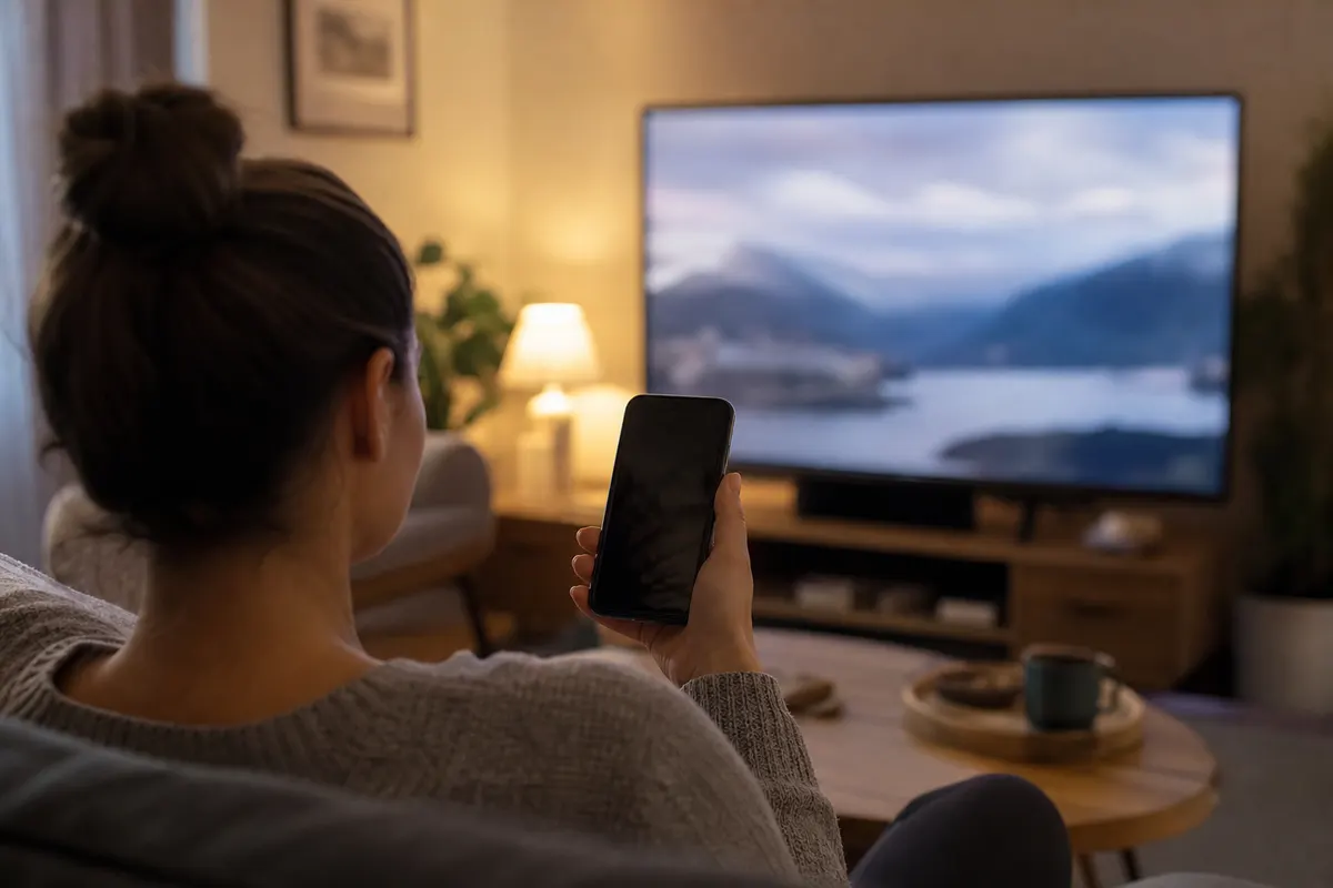 A person on a sofa holding a smartphone, seen from behind, with a large TV across the room