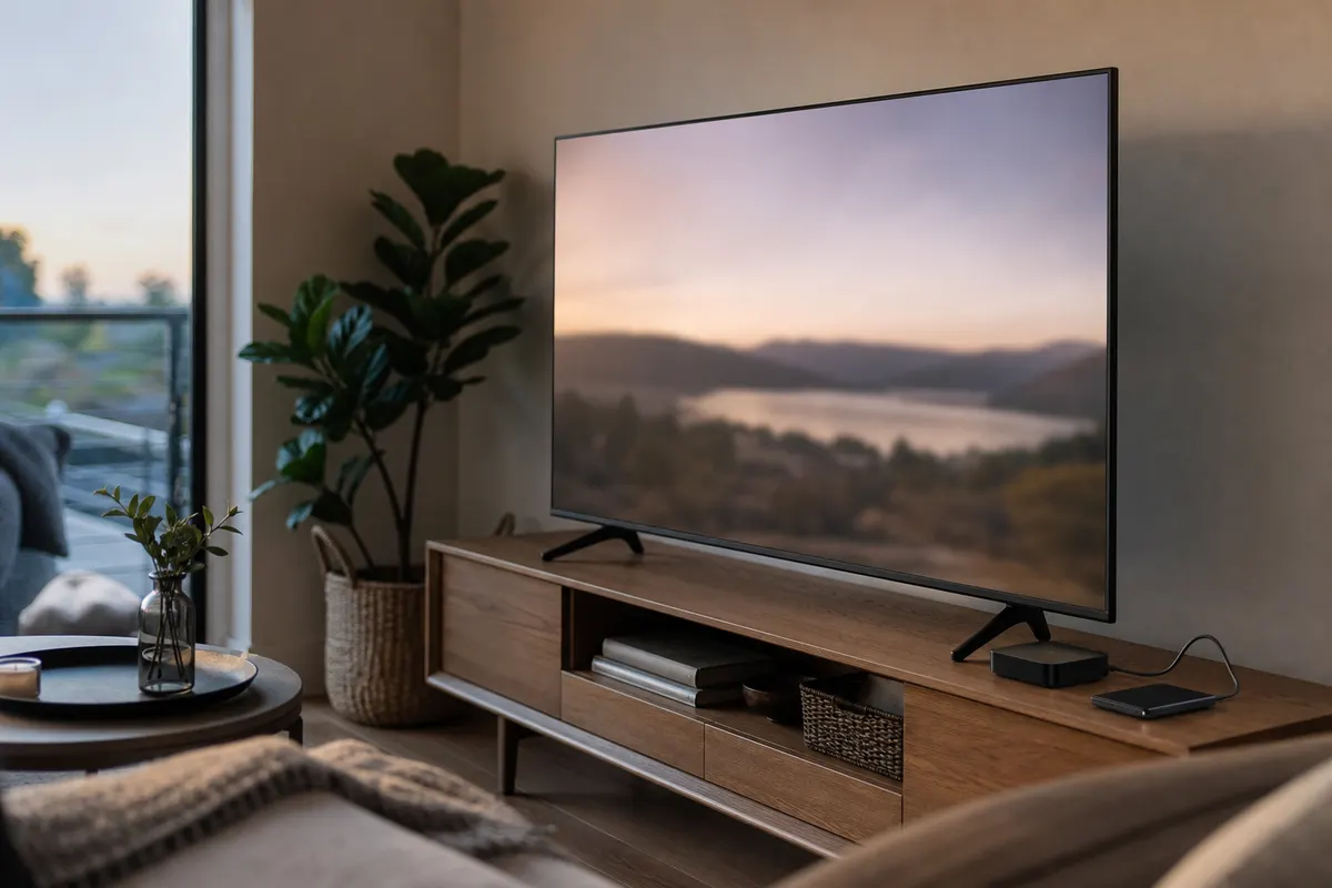 A large flat-screen TV on a wooden media console in a living room, with a small black streaming box and a compact USB hard drive beside it