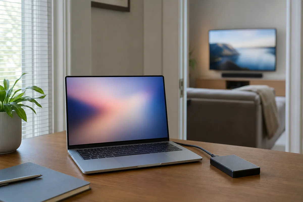 A laptop on a home office desk with an external hard drive connected, and a wall-mounted TV visible in the living room through a doorway
