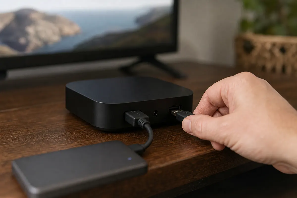 A hand plugging a USB cable from a small external hard drive into the back of a small black streaming box, with a TV out of focus behind