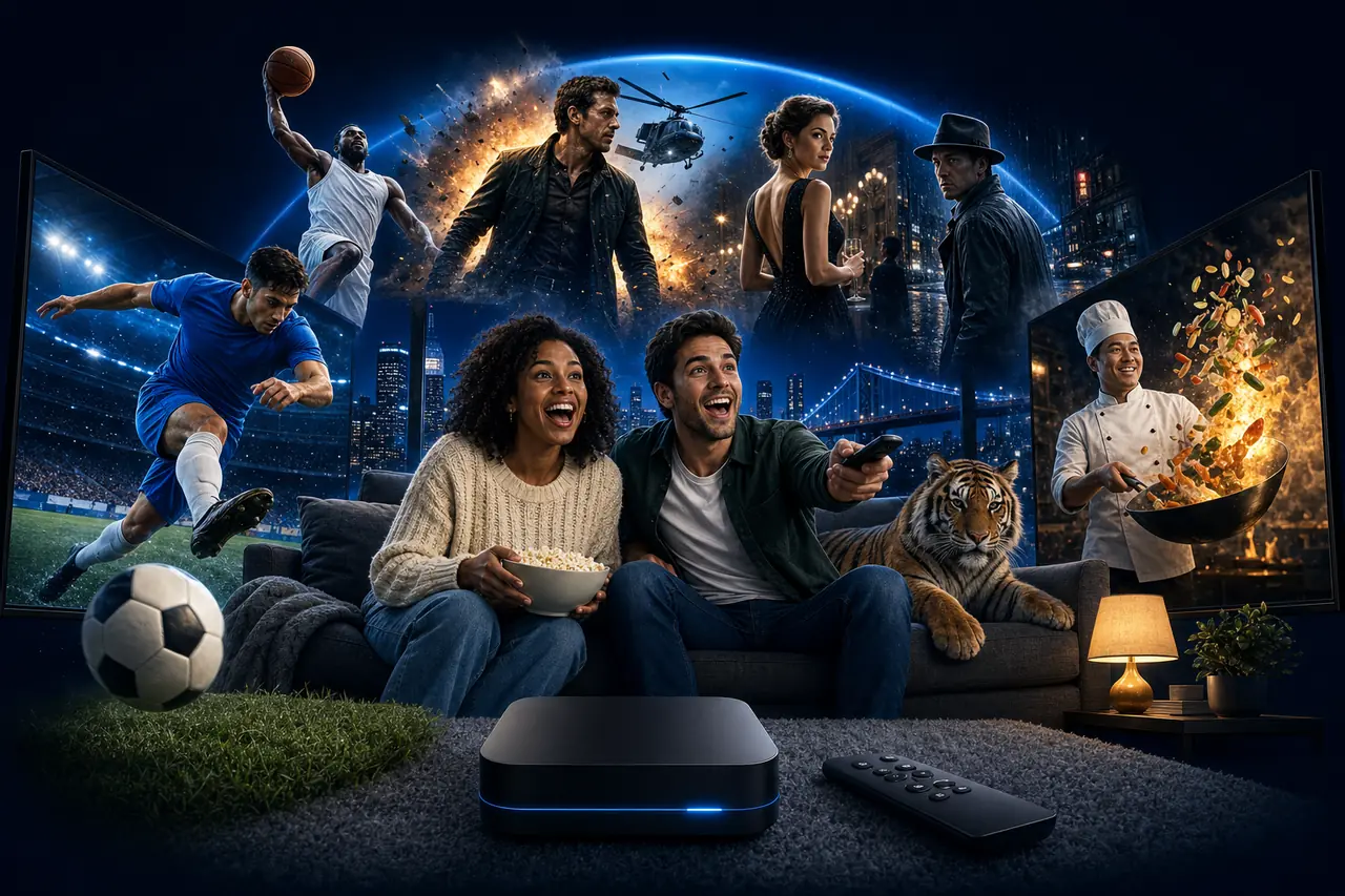 Illustration of two friends cheering on a sofa in a city apartment at night, with a soccer player, a basketball player, action, drama and detective scenes, a tiger and a chef bursting out of the TV screens around them